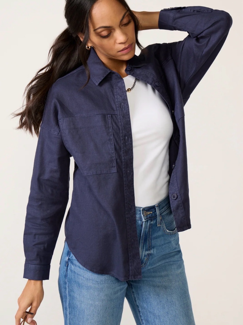 Evereve Frankie Stretch Linen Long Shacket - Navy